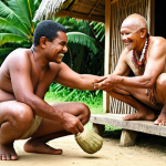 **A Fijian village scene. Show respectful tourists presenting "sevusevu" (kava root) to the village elders. The tourists should be dressed modestly, covering shoulders and knees. Focus on the warm smiles and cultural exchange. Emphasize the traditional Fijian architecture and lush tropical surroundings.**