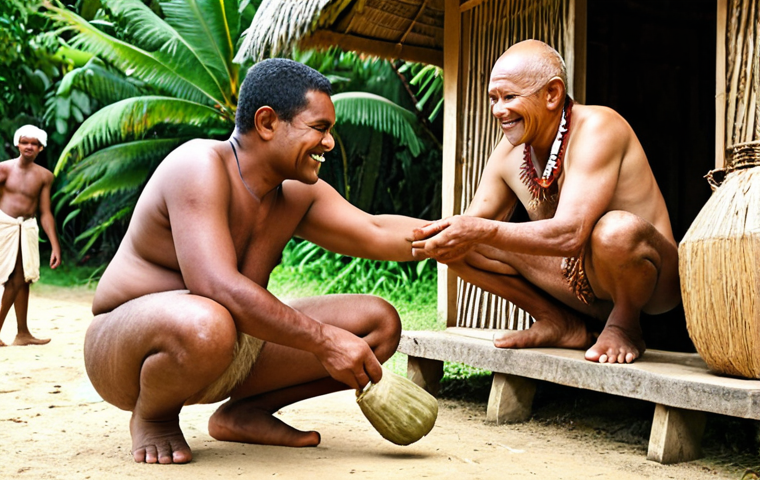 **A Fijian village scene. Show respectful tourists presenting "sevusevu" (kava root) to the village elders. The tourists should be dressed modestly, covering shoulders and knees. Focus on the warm smiles and cultural exchange. Emphasize the traditional Fijian architecture and lush tropical surroundings.**