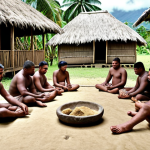 **A Fijian village scene, focusing on a Yaqona (kava) ceremony. People are sitting respectfully on the floor. Bula!**