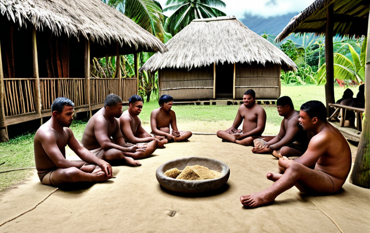 **A Fijian village scene, focusing on a Yaqona (kava) ceremony. People are sitting respectfully on the floor. Bula!**